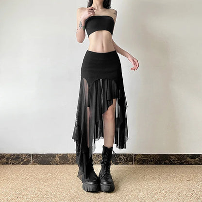 Cyber Y2K Irregular Hem Harajuku Mesh Patchwork Skirt