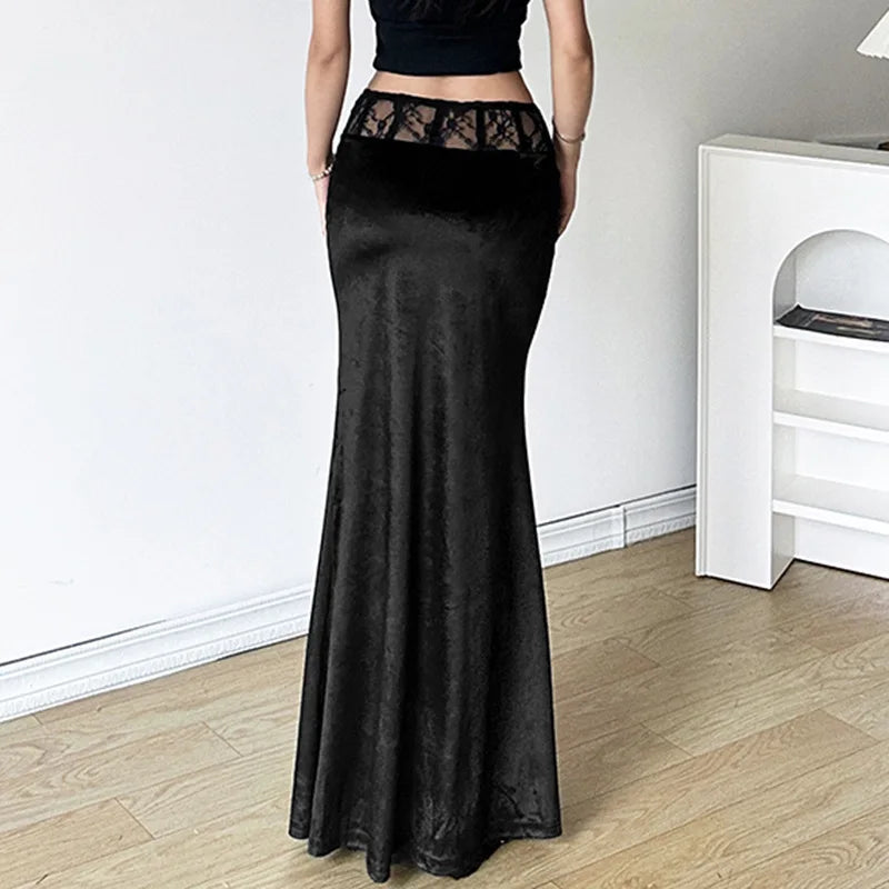 Goth Y2k Dark Lace Gothic Velvet Long Trumpet Mall Sexy Elegant Patchwork Partywear Skirt