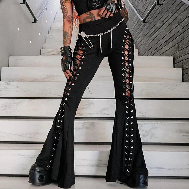 Grunge Streetwear Black Bandage Pants with Hollow Flare Design