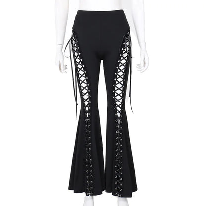 Grunge Streetwear Black Bandage Pants with Hollow Flare Design