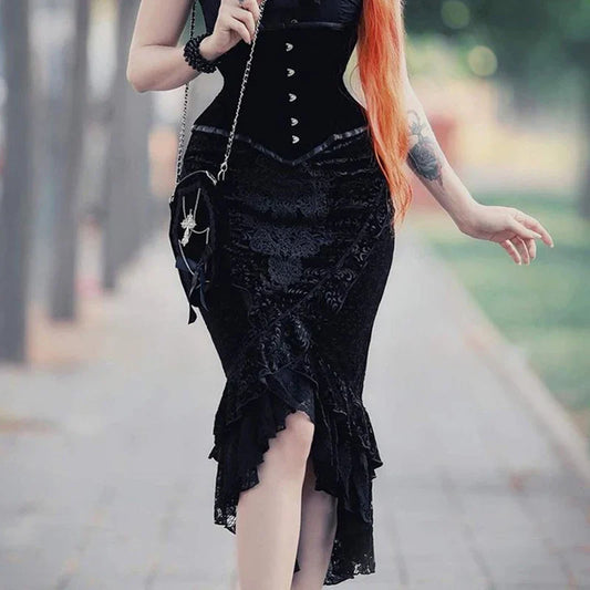 Goth Dark Vintage Mall Gothic Mermaid Grunge Aesthetic Lace Hem Midi Women Elegant Skirt