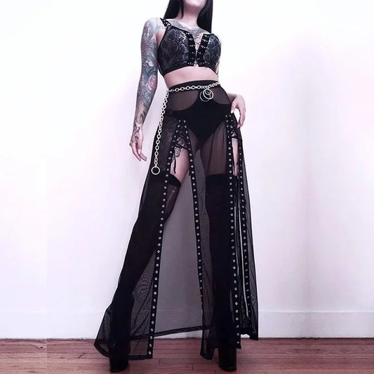 Goth Mesh Lace-Up Dark Summer Skirt