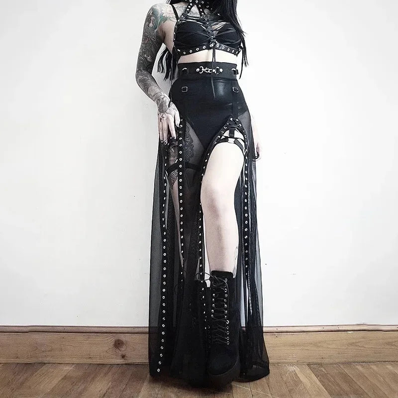 Goth Mesh Lace-Up Dark Summer Skirt