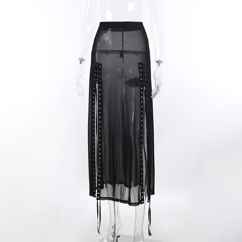 Goth Mesh Lace-Up Dark Summer Skirt