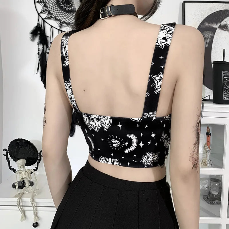 Gothic Print Sexy Backless Y2K Punk Zip Up Corset Crop