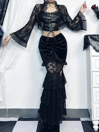 Gothic Folding Fishtail Velvet Skirt with Lace Patchwork