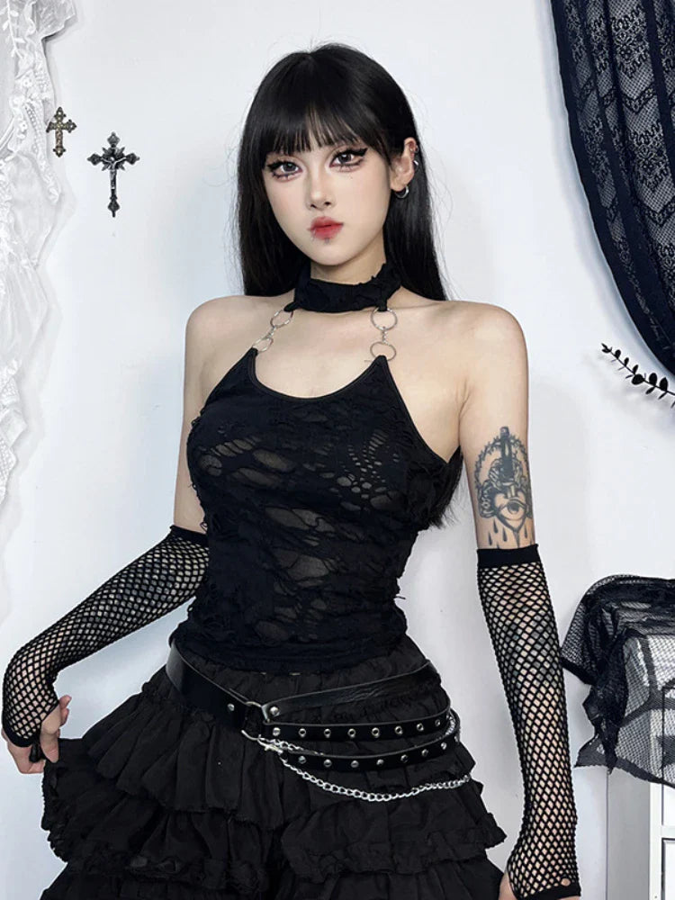 Gothic Halter Cyberpunk Y2K Backless Ring Bodycon Harajuku Sexy Crop Top