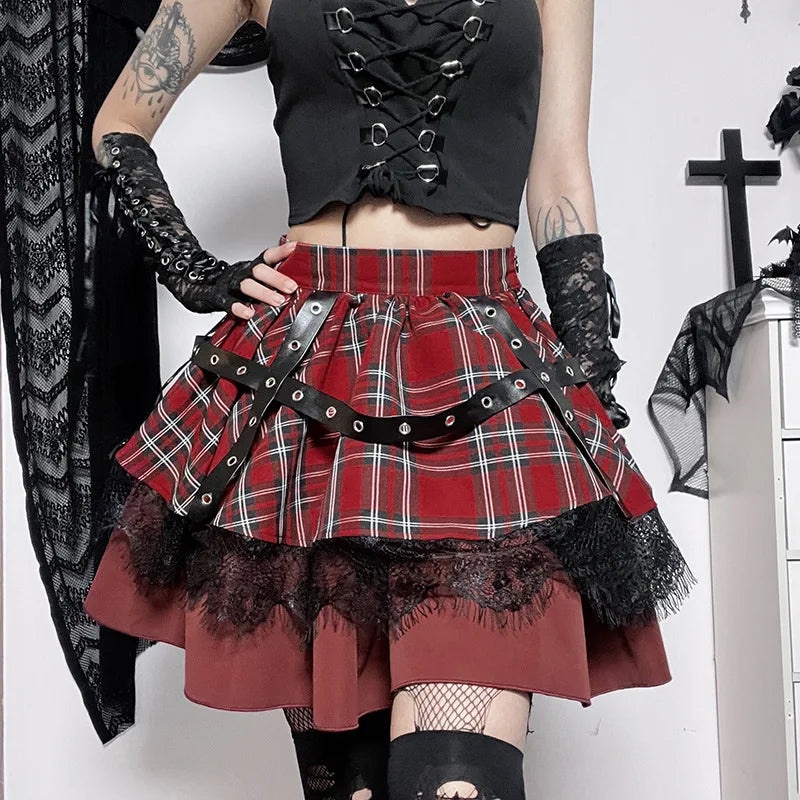 Gothic Harajuku Plaid Lace Kawaii Y2k Costume Skirt