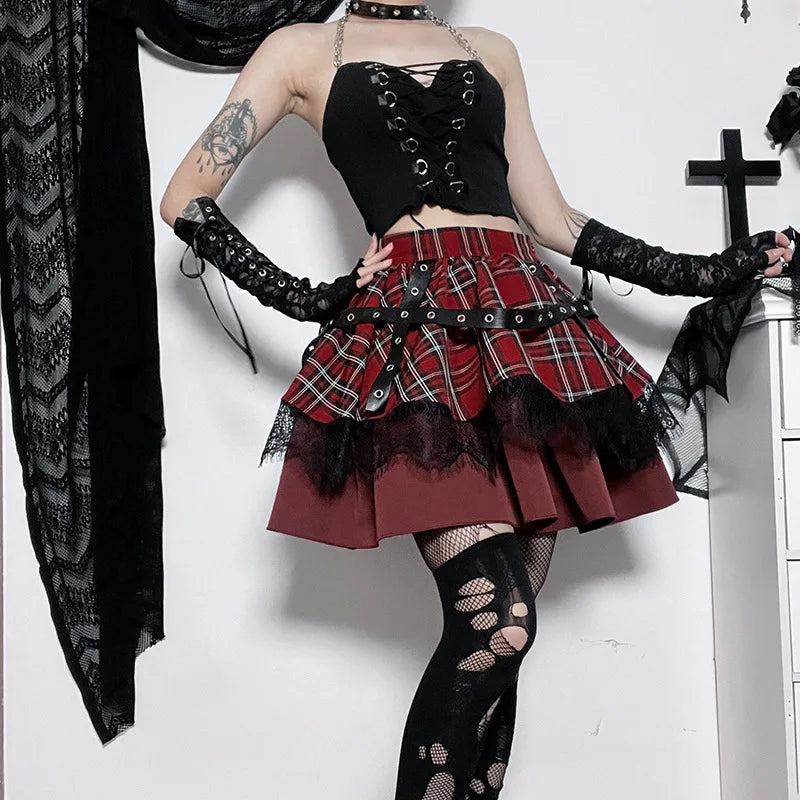 Gothic Harajuku Plaid Lace Kawaii Y2k Costume Skirt