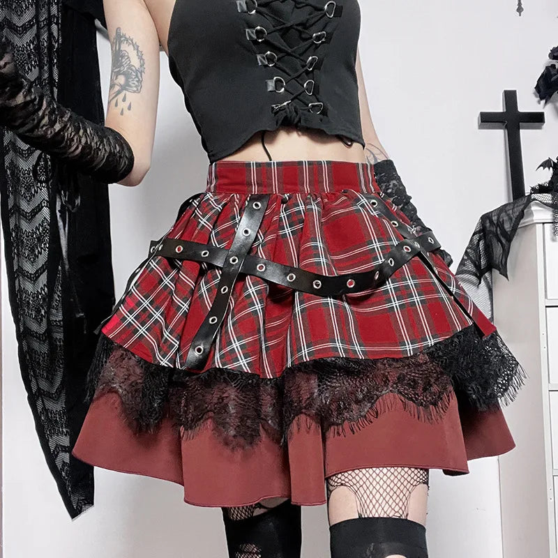 Gothic Harajuku Plaid Lace Kawaii Y2k Costume Skirt