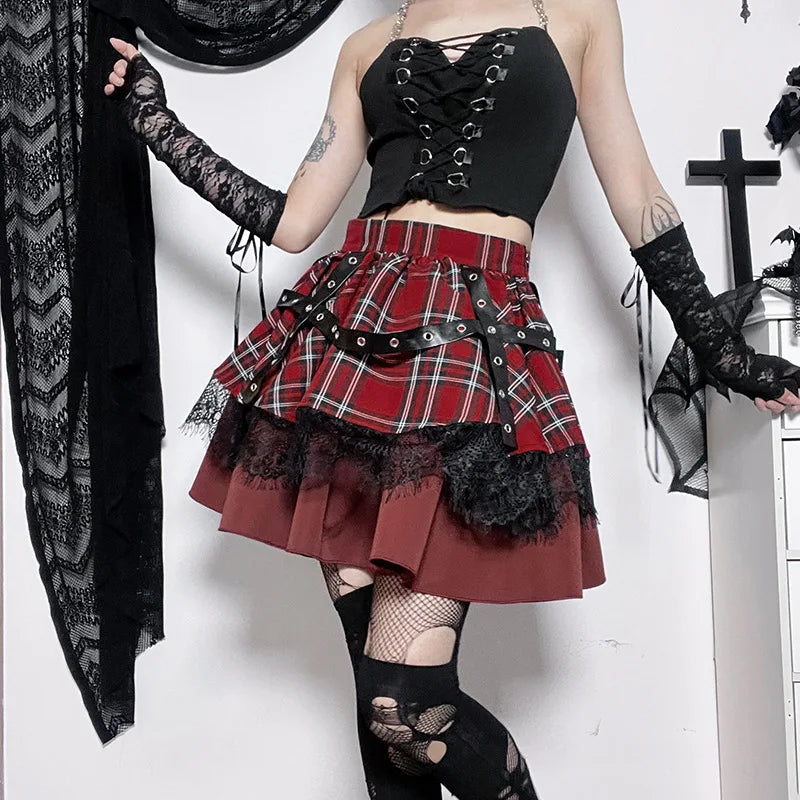 Gothic Harajuku Plaid Lace Kawaii Y2k Costume Skirt