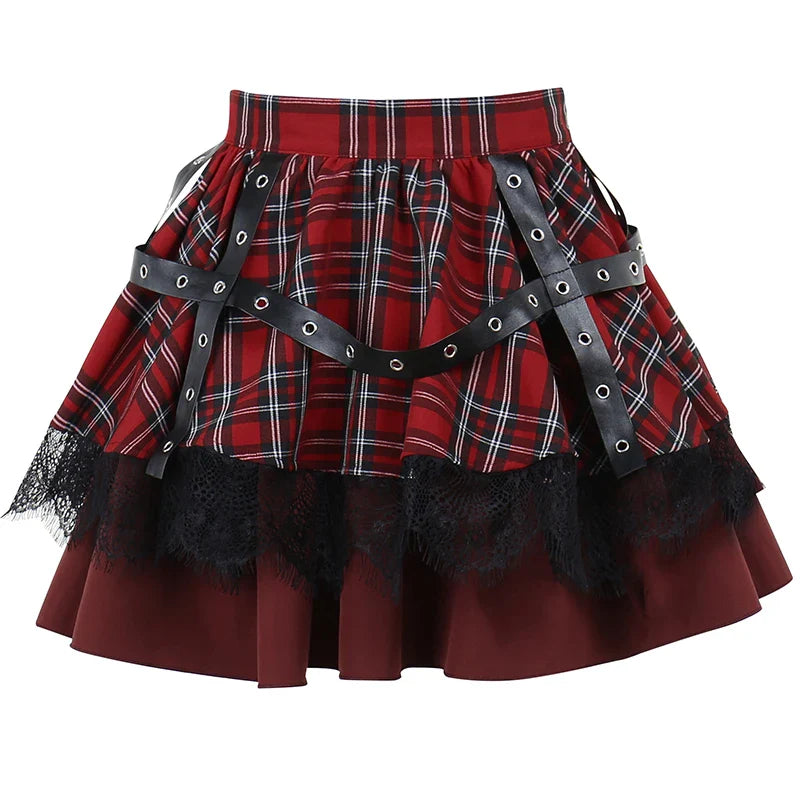 Gothic Harajuku Plaid Lace Kawaii Y2k Costume Skirt