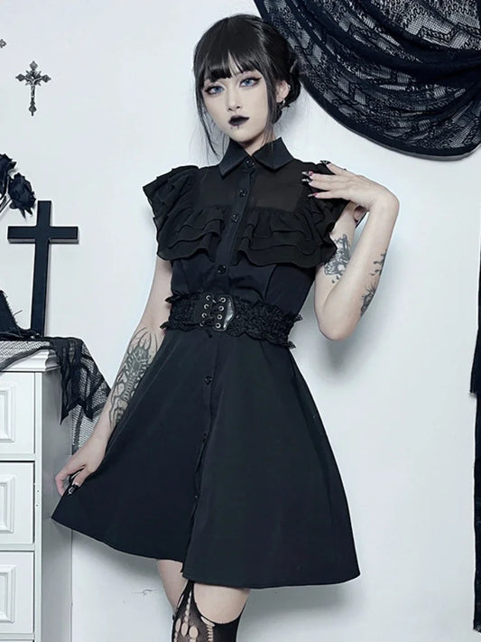 Gothic A-Line E-Girl Party Patchwork Dress Black Harajuku Sexy Mesh Slim Grunge Streetwear Mall Aesthetic Dress