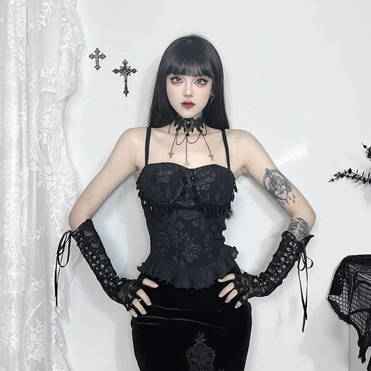 Gothic Retro Sexy Grunge Jacquard Bead Pendant Backless Top