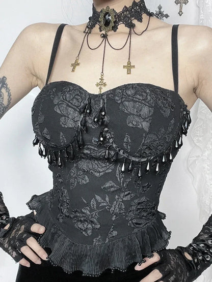 Gothic Retro Sexy Grunge Jacquard Bead Pendant Backless Top