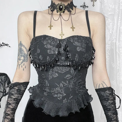 Gothic Retro Sexy Grunge Jacquard Bead Pendant Backless Top