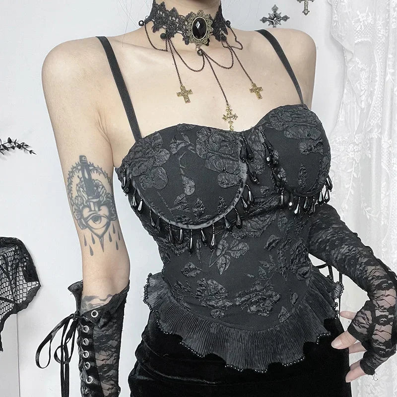 Gothic Retro Sexy Grunge Jacquard Bead Pendant Backless Top