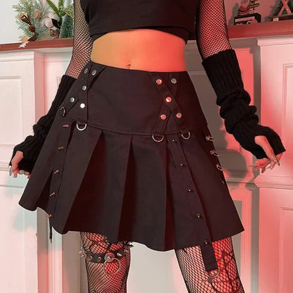 Gothic Harajuku Short Pleated Skirt with Rivet Metal Buckles and Streamer Low Waist Style