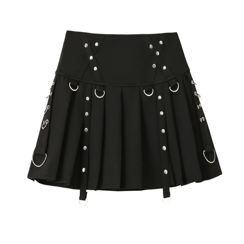 Gothic Harajuku Short Pleated Skirt with Rivet Metal Buckles and Streamer Low Waist Style