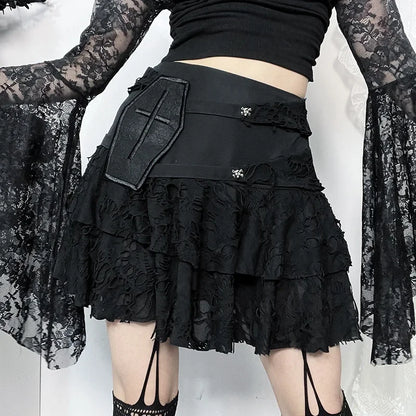 Versatile Gothic Lace Cake Skirt for Summer 2024 with Ripped Holes