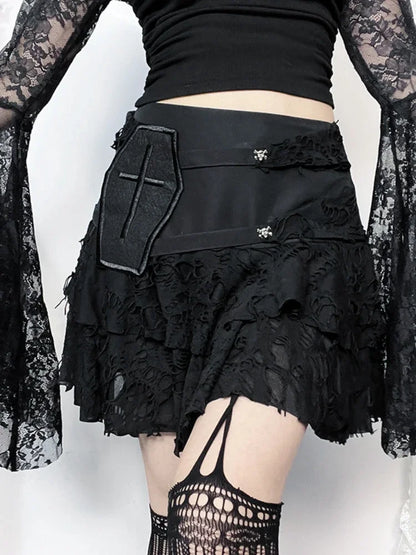 Versatile Gothic Lace Cake Skirt for Summer 2024 with Ripped Holes