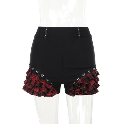 Gothic Summer 2024 Plaid Patchwork Shorts with Halter Waist-Cinch