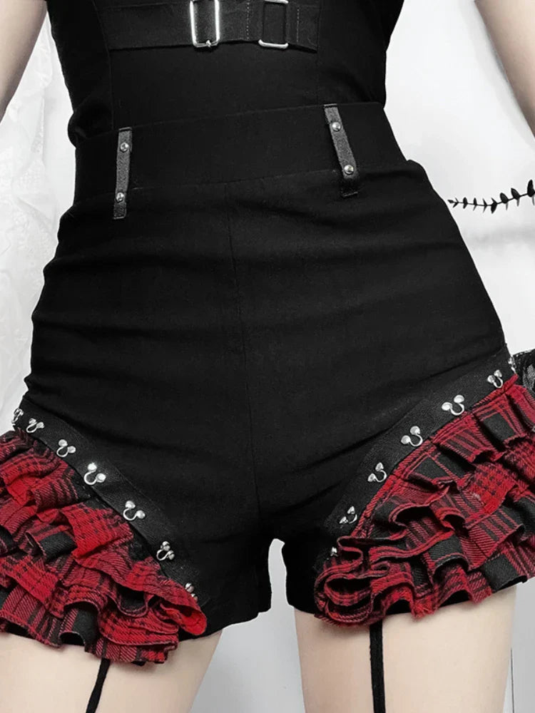 Gothic Summer 2024 Plaid Patchwork Shorts with Halter Waist-Cinch