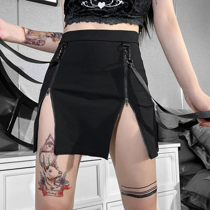 Gothic Mini Strap Women Pencil Black Split Zip Waist E-girl Sexy Grunge High Skirt