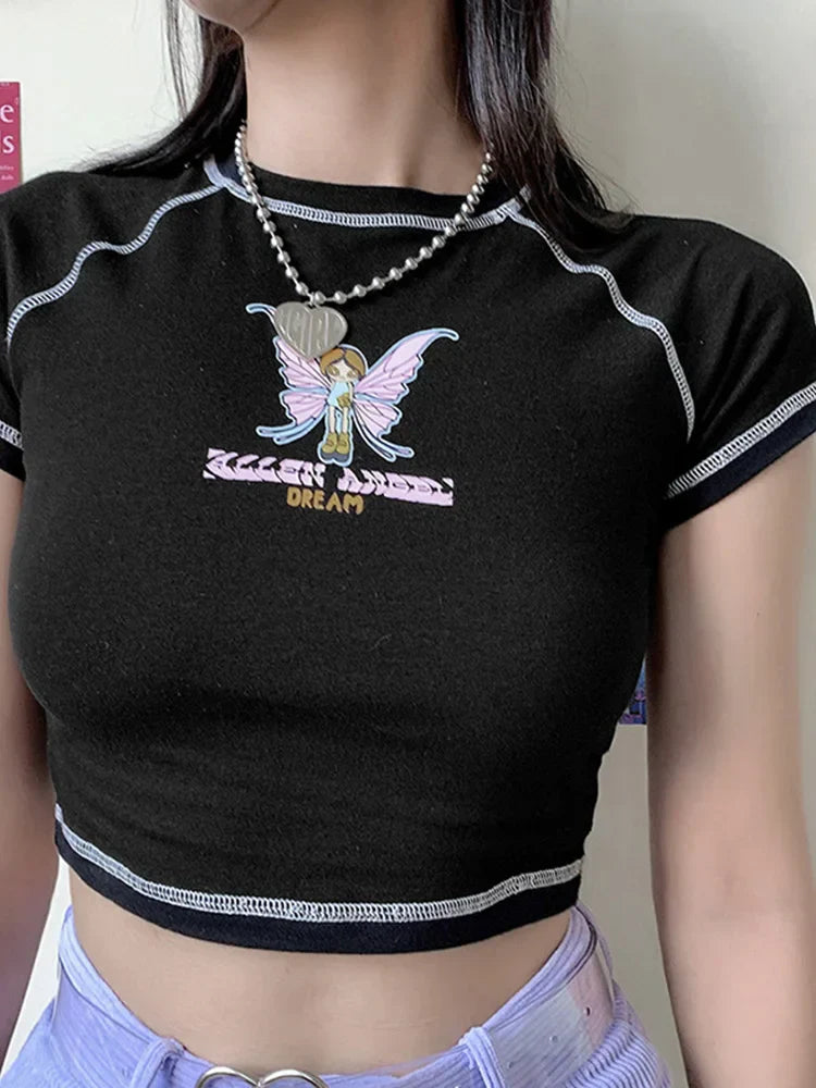 Graphic and Letter Printing Stitch Green Crop Tops Short Sleeve Tee Black / S