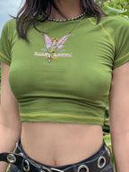 Graphic and Letter Printing Stitch Green Crop Tops Short Sleeve Tee Green / S