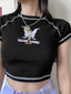 Graphic and Letter Printing Stitch Green Crop Tops Short Sleeve Tee Black / S