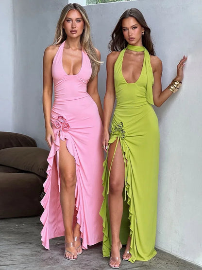 Green 3D Floral Summer Sexy Halter Neck Maxi Dress