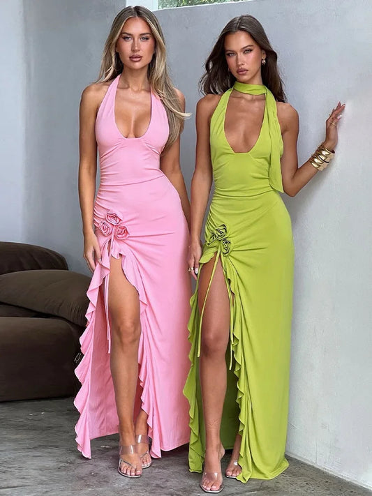 Green 3D Floral Summer Sexy Halter Neck Maxi Dress