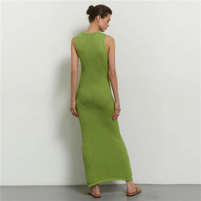 Green Knitted Summer Sexy Hollow Out Sleeveless Maxi Dress