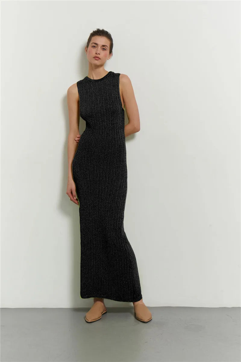 Green Knitted Summer Sexy Hollow Out Sleeveless Maxi Dress