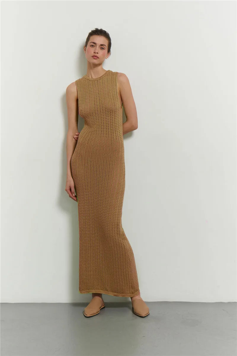 Green Knitted Summer Sexy Hollow Out Sleeveless Maxi Dress