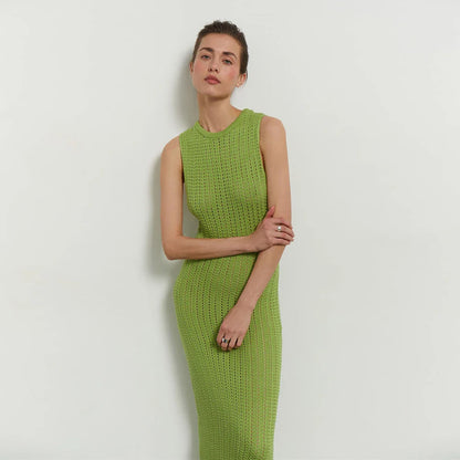 Green Knitted Summer Sexy Hollow Out Sleeveless Maxi Dress