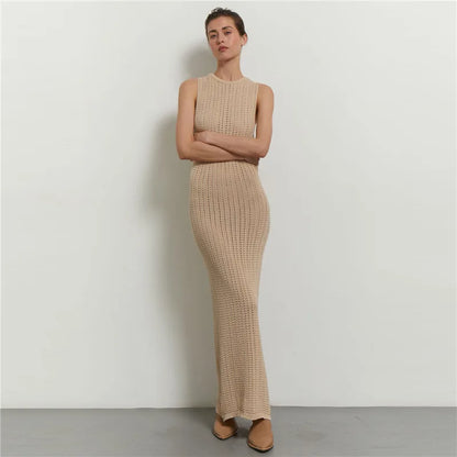 Green Knitted Summer Sexy Hollow Out Sleeveless Maxi Dress