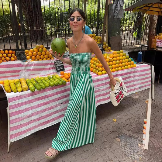 Green Striped Strapless Sexy Slim Beach Casual Maxi Dress