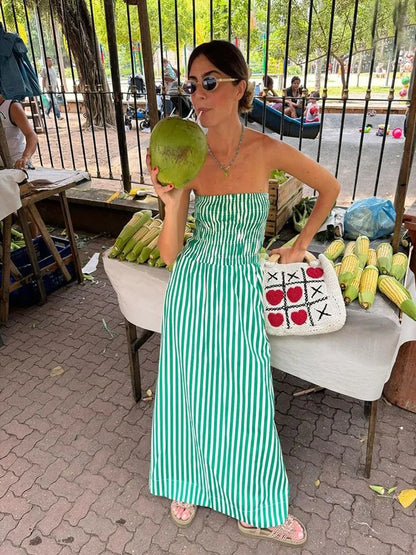 Green Striped Strapless Sexy Slim Beach Casual Maxi Dress