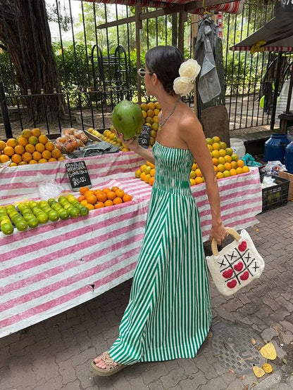 Green Striped Strapless Sexy Slim Beach Casual Maxi Dress