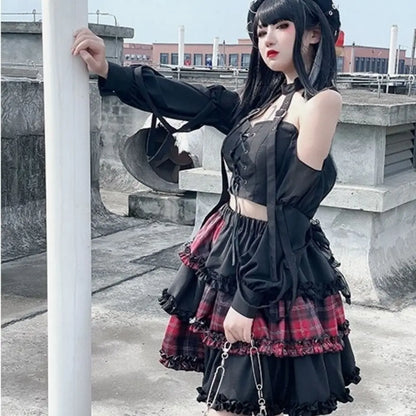 Two-Dimensional Dark Petticoat Cosplay Skirt: Red Plaid Stitching High Waist A-line Design for Spice Girls