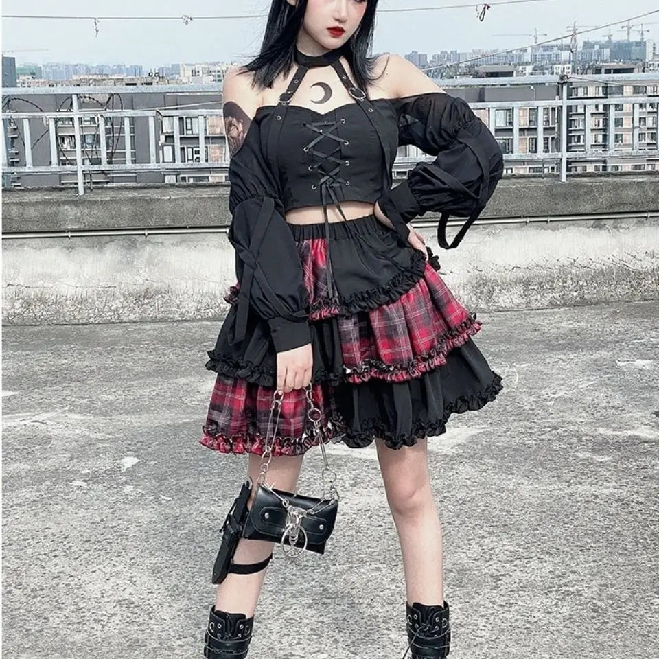 Two-Dimensional Dark Petticoat Cosplay Skirt: Red Plaid Stitching High Waist A-line Design for Spice Girls