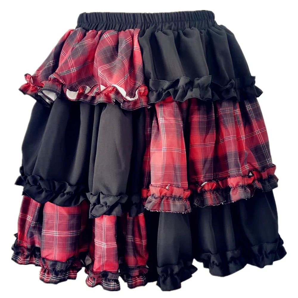 Two-Dimensional Dark Petticoat Cosplay Skirt: Red Plaid Stitching High Waist A-line Design for Spice Girls