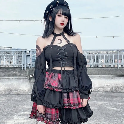 Two-Dimensional Dark Petticoat Cosplay Skirt: Red Plaid Stitching High Waist A-line Design for Spice Girls