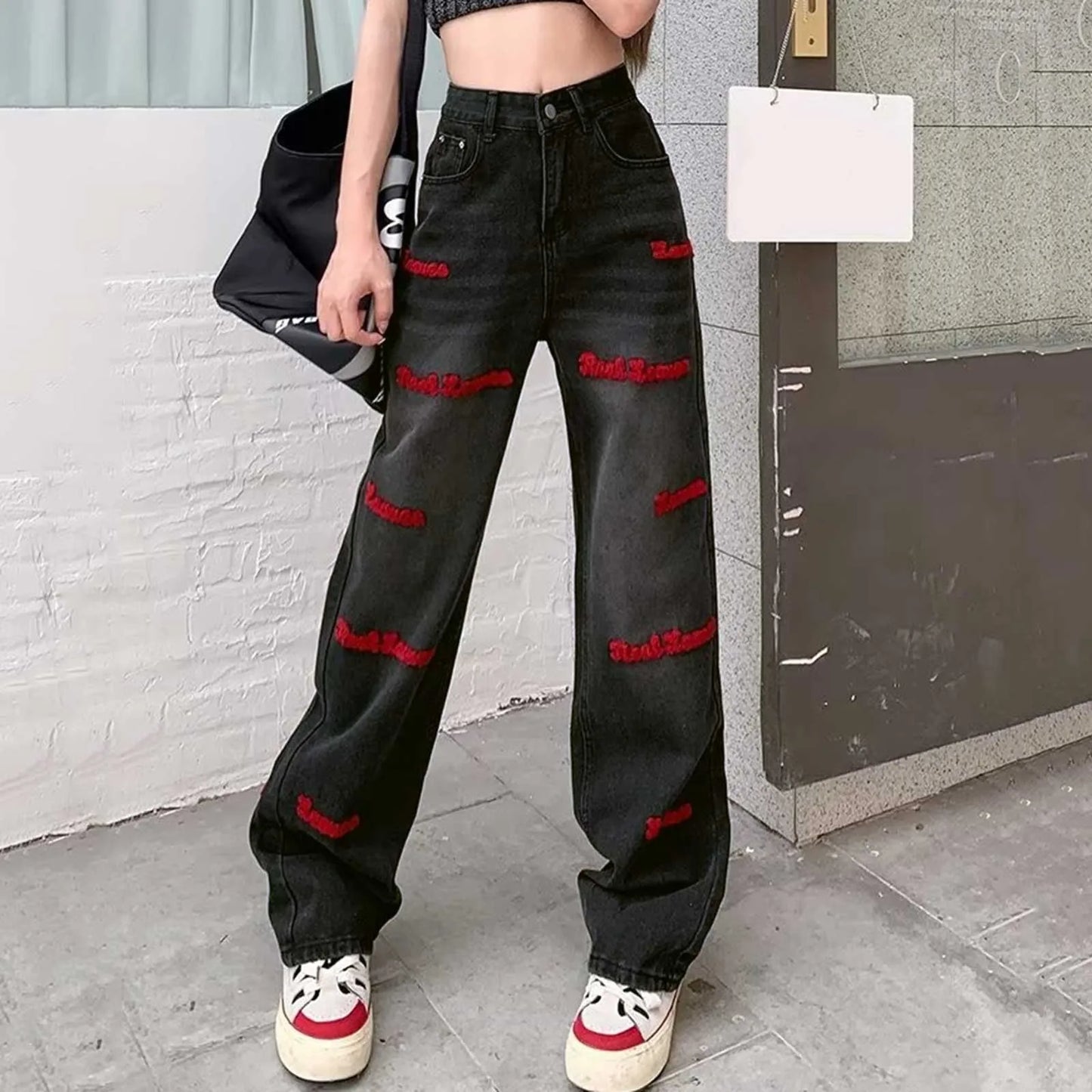 High Waist Black Hip-hop Style Wide Leg Jeans