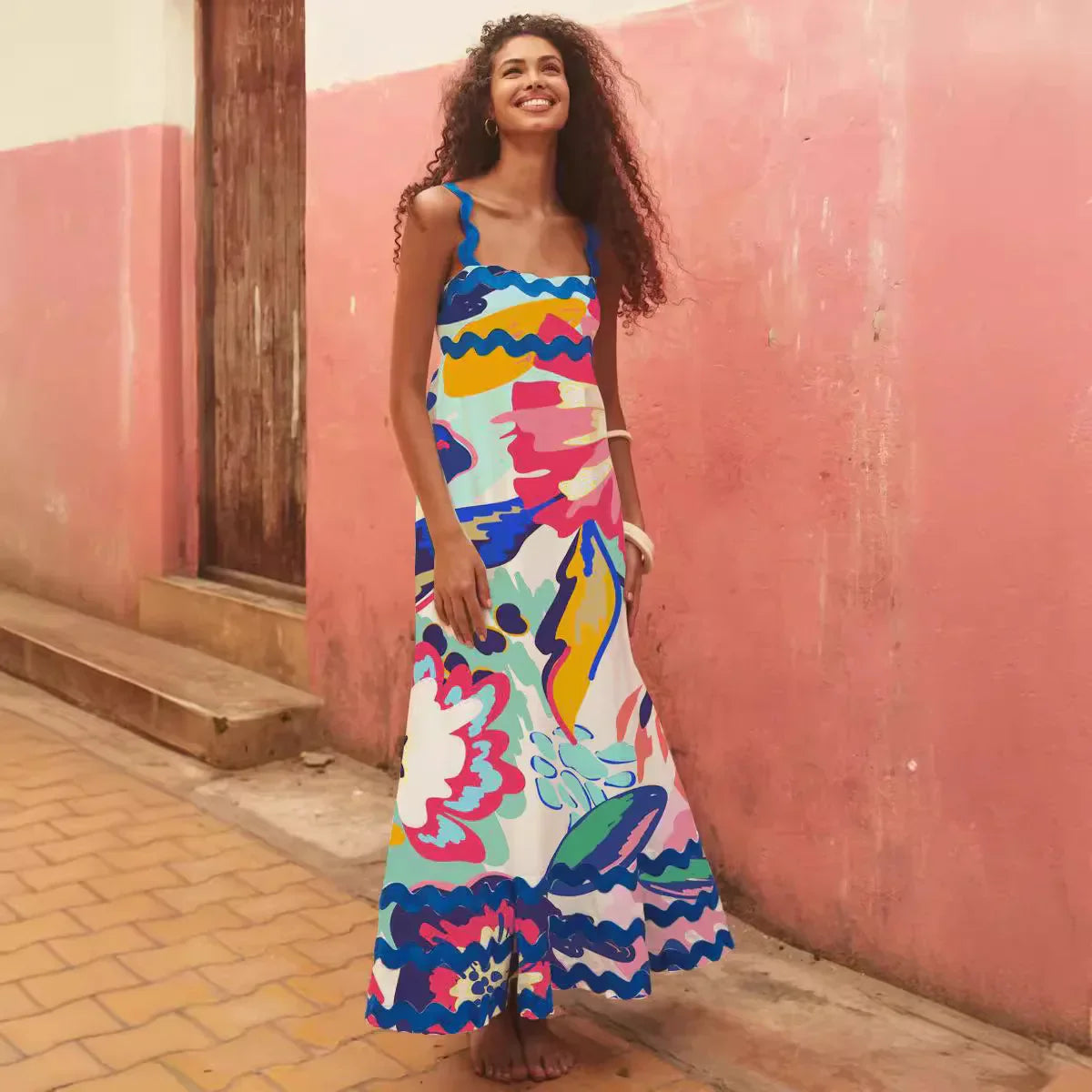 Holiday Digital Printed Long Women Fashion Summer Elegant A Line Vintage Sling Maxi Dress BLUE / S