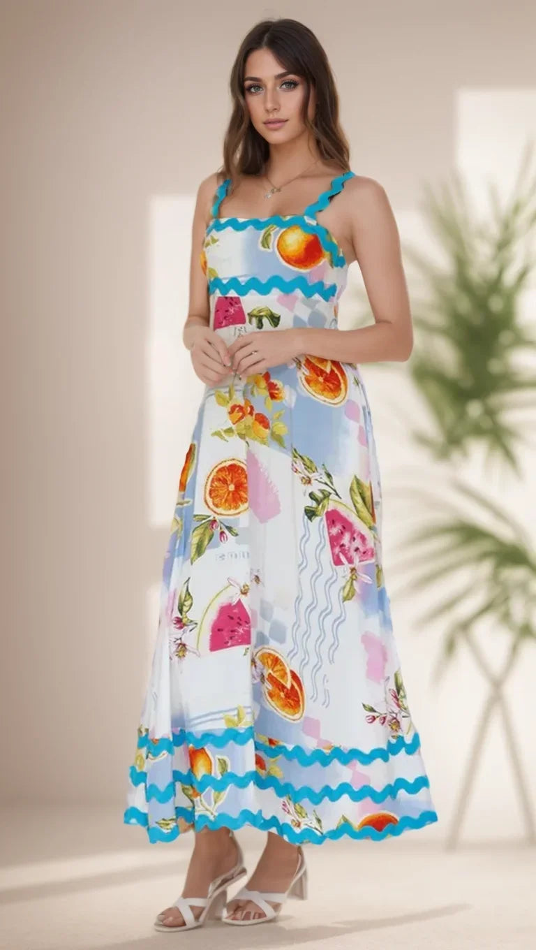 Holiday Digital Printed Long Women Fashion Summer Elegant A Line Vintage Sling Maxi Dress