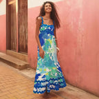 Holiday Digital Printed Long Women Fashion Summer Elegant A Line Vintage Sling Maxi Dress NAVY BLUE / S