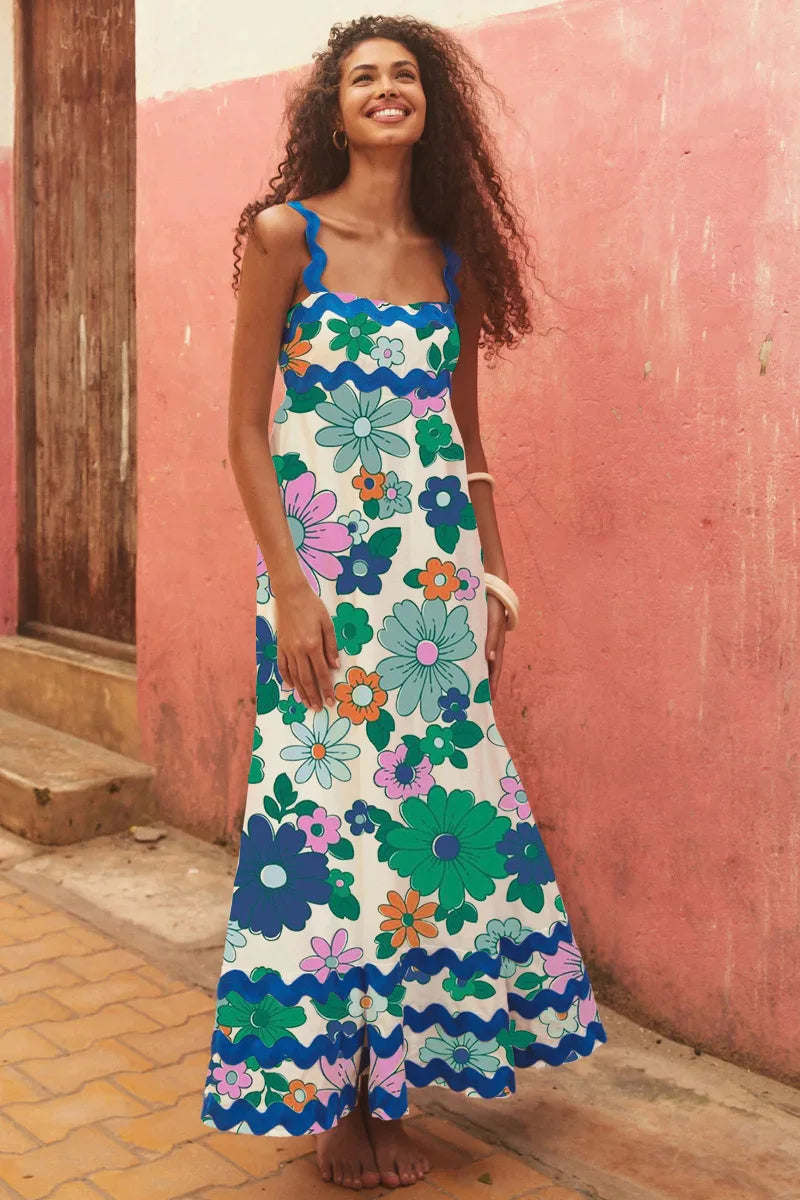 Holiday Digital Printed Long Women Fashion Summer Elegant A Line Vintage Sling Maxi Dress GREEN / S
